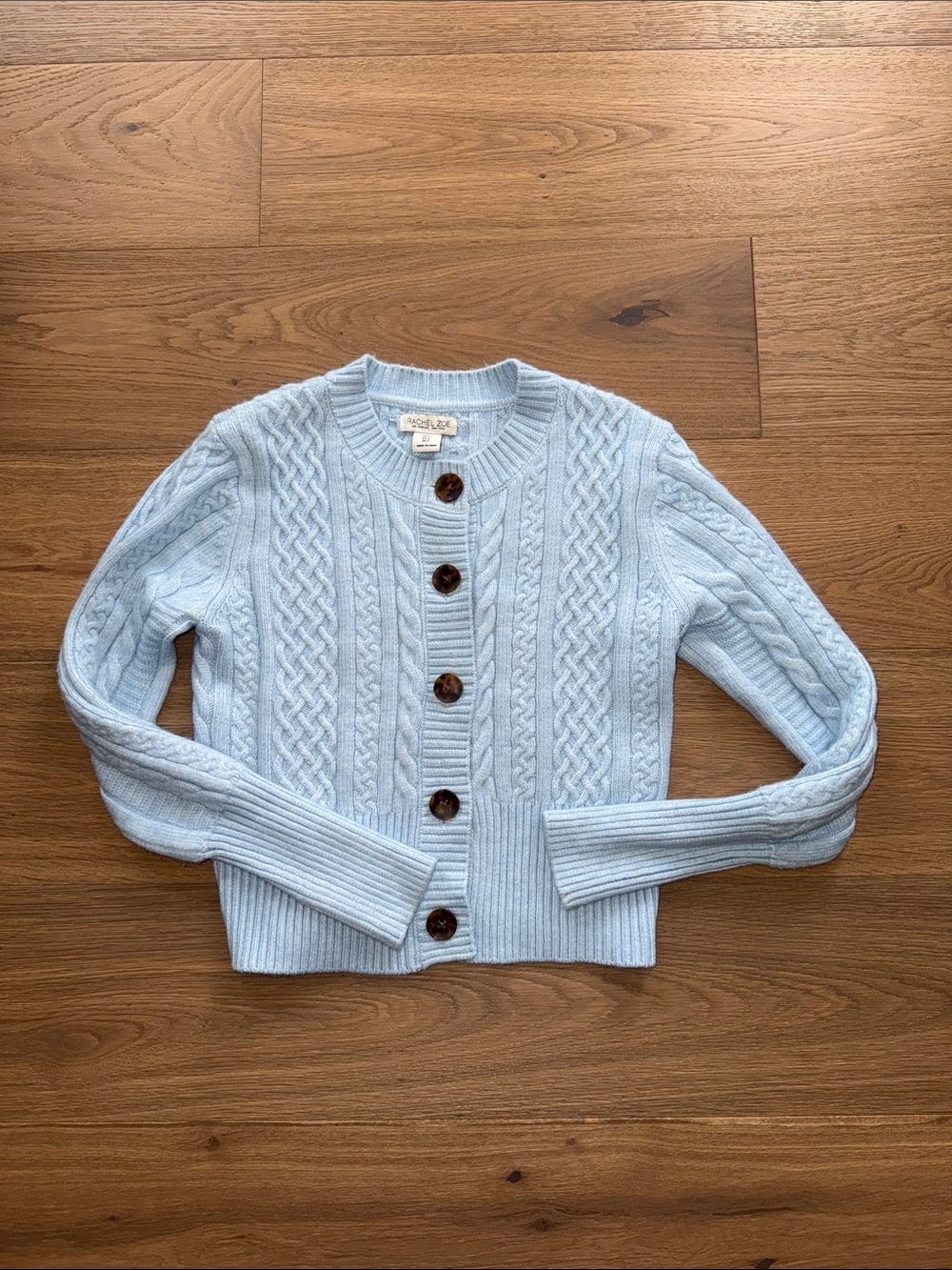 Rachel Zoe Pale Blue Cable Knit Button-Front Cardigan